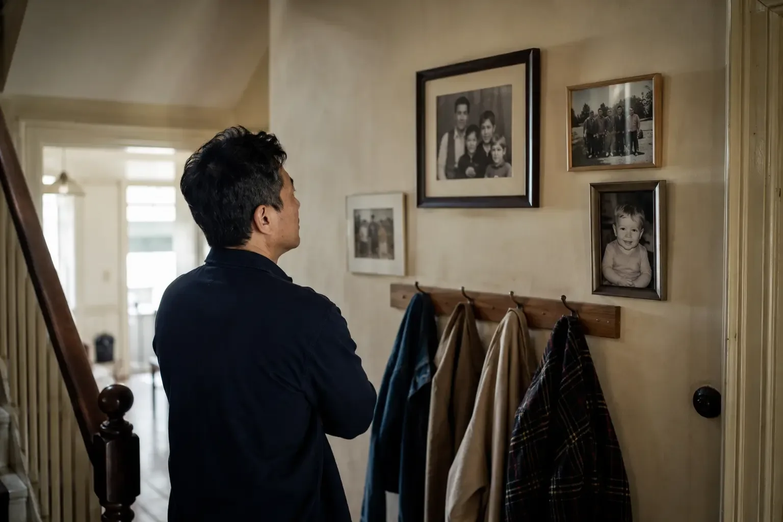 A man looking at family photographs in a hallway.