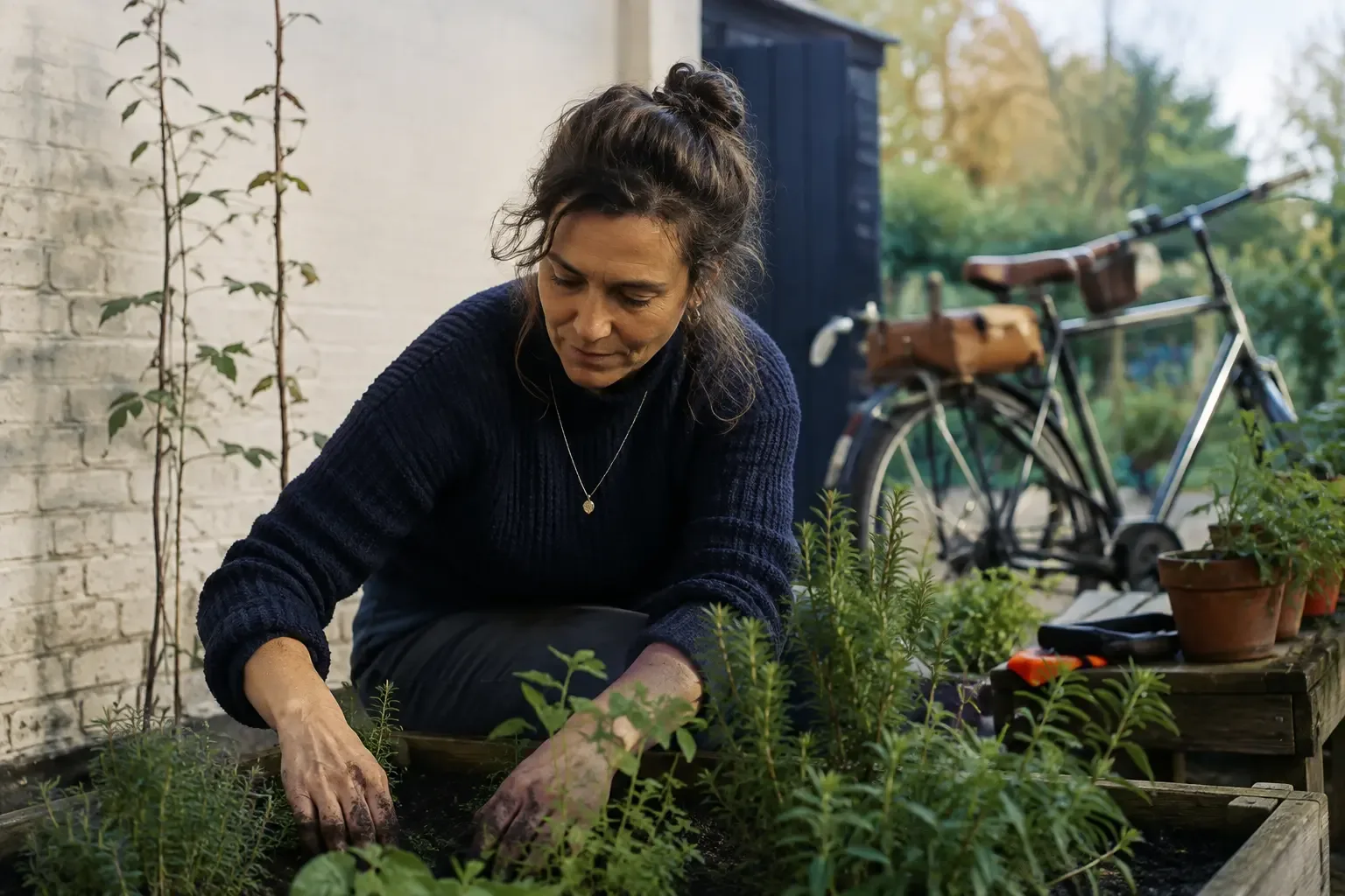 A woman tending herbs in a community garden.