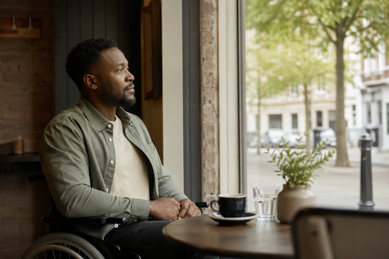 Man using a wheelchair sitting at a café table looking out of the window.