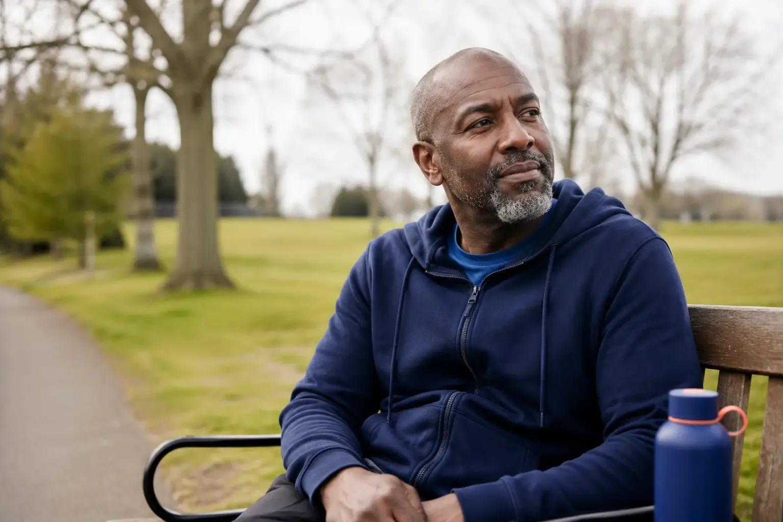 A man pausing on a park bench after a walk.