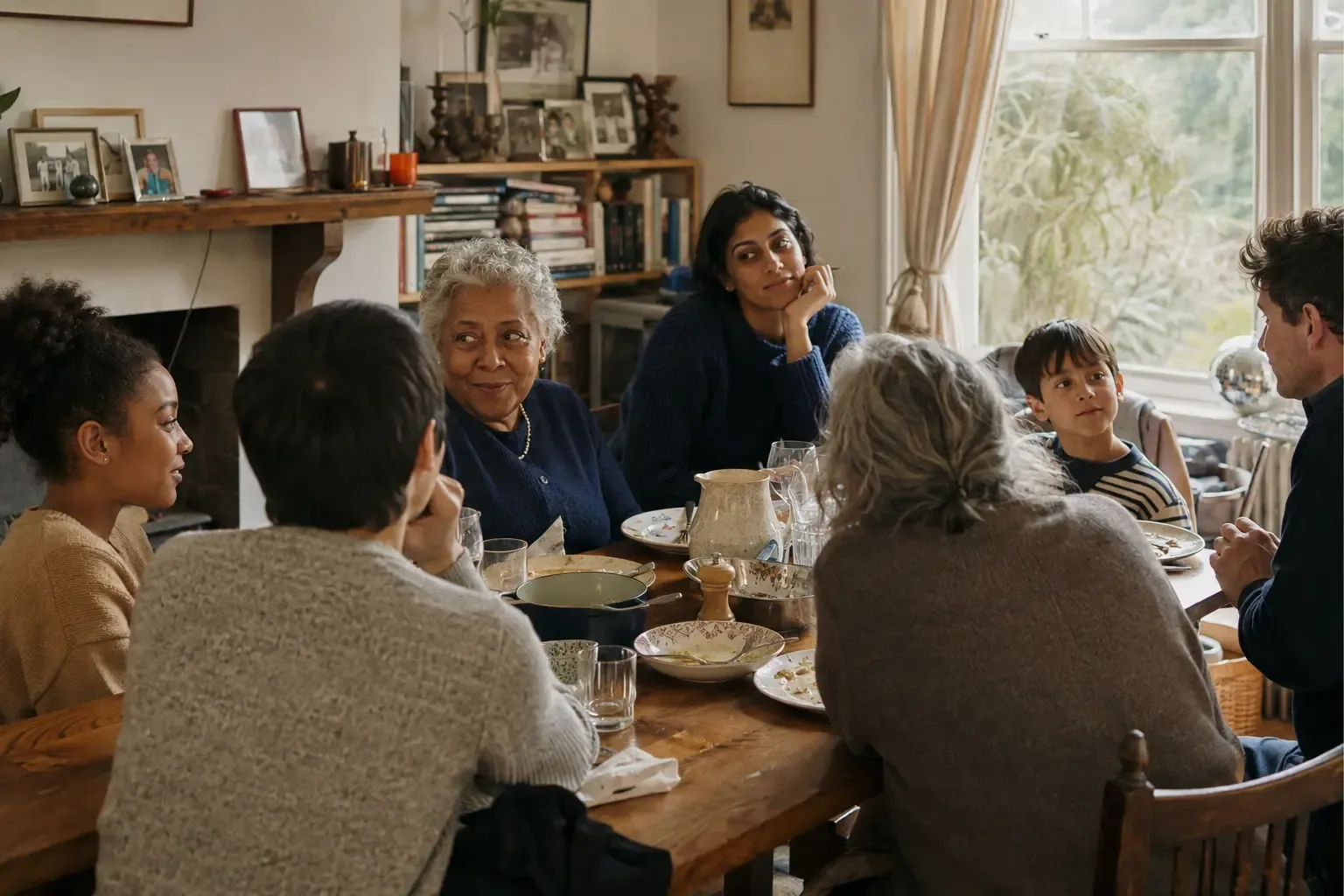Several generations of a family talking around a dining table.