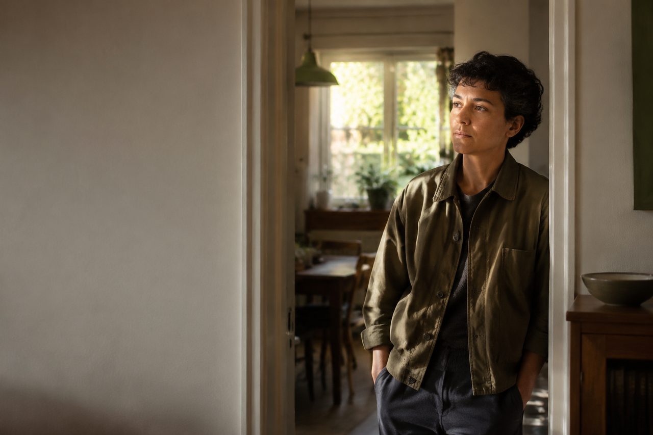A person pausing thoughtfully in a warmly lit home.