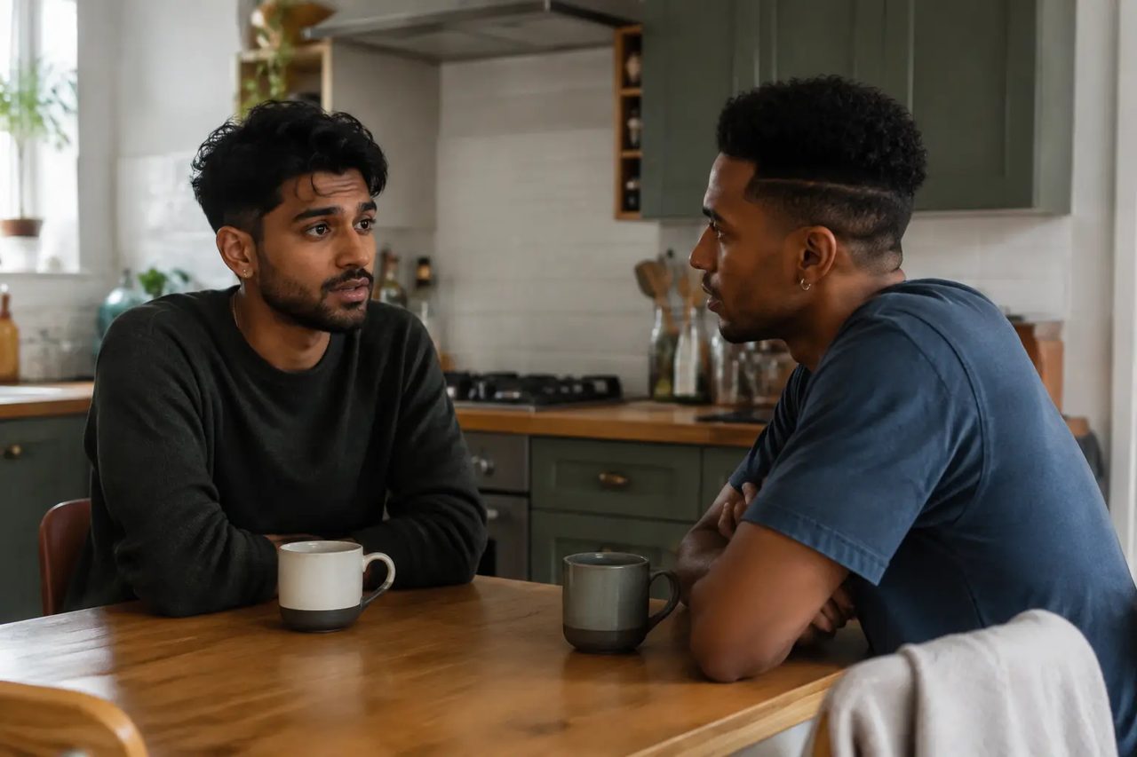 Two people sitting across a kitchen table with mugs of tea, one talking, one listening.