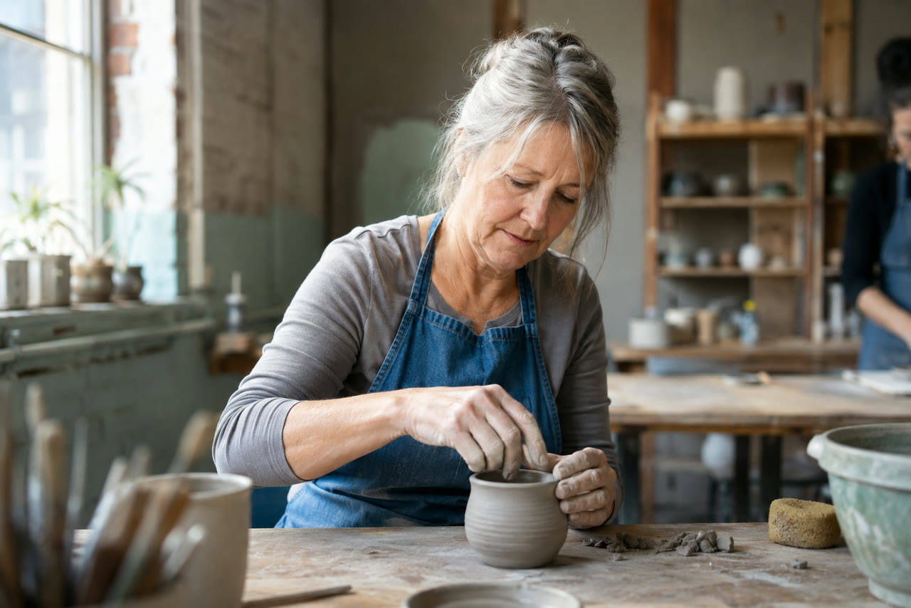 A woman wearing a hearing aid shaping a ceramic pot by hand in a pottery studio.