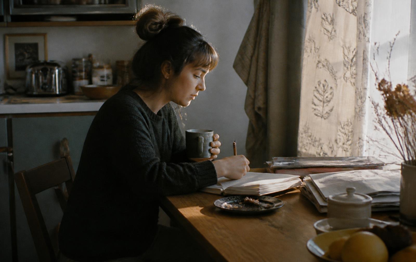 Early morning at a kitchen table, a young woman with a mug and an open notebook