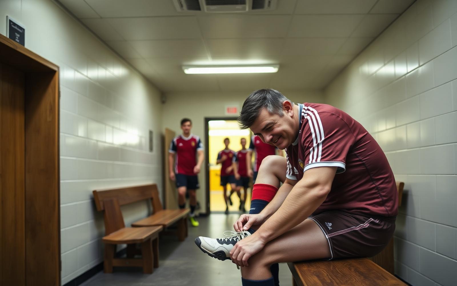 A man in his late forties retying a bootlace on a bench in a sports hall changing room, younger players leaving