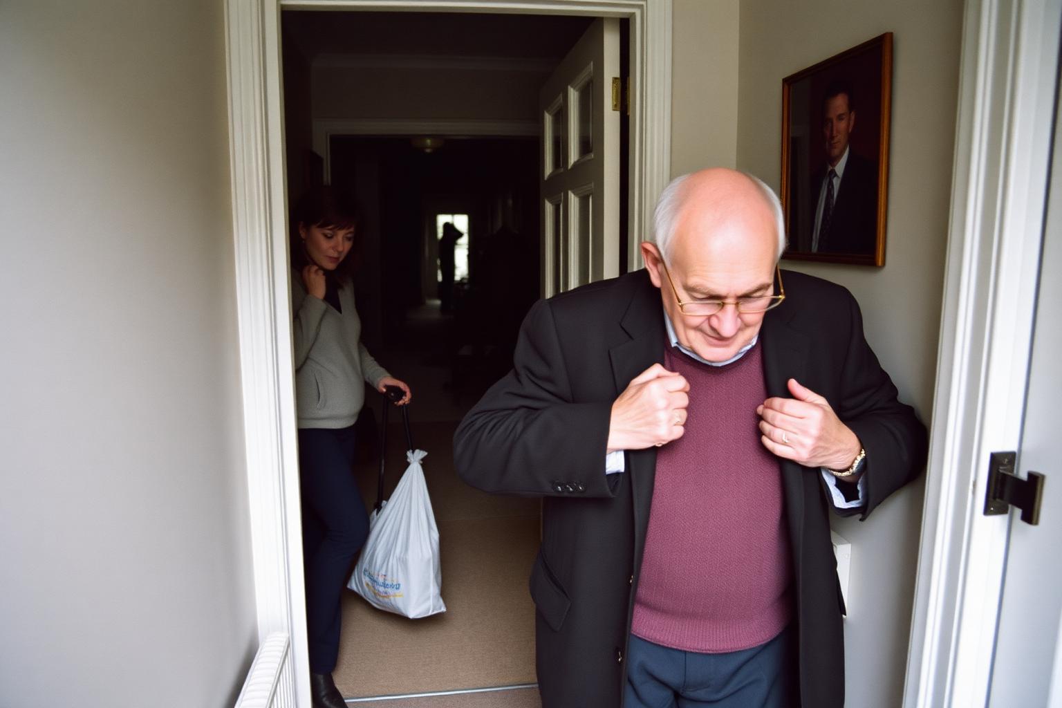 A father in his late seventies putting his own coat on in the hallway of a Welsh bungalow while his daughter waits behind him