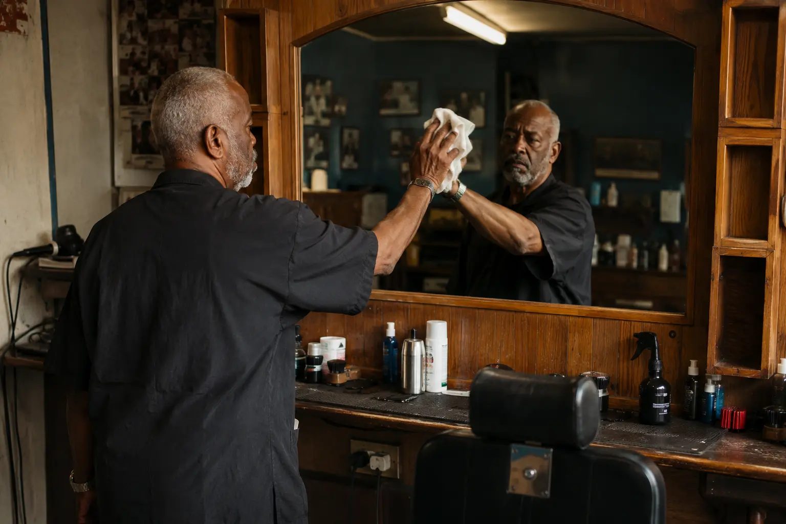 A barber wiping down the mirror after closing, meeting his own reflection