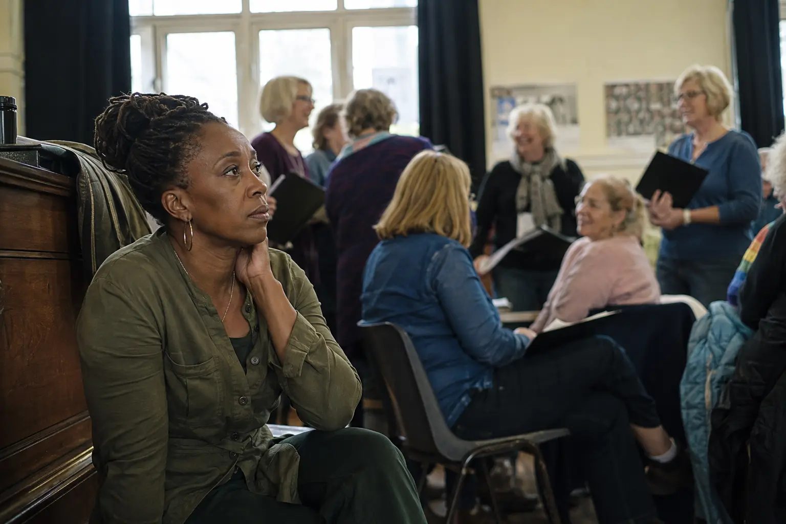 A woman sitting slightly apart at the edge of a community choir rehearsal, thinking, while the group talks behind her