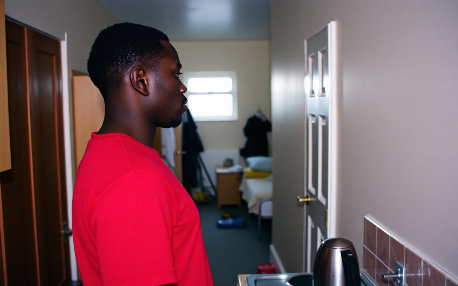 A man in his late twenties in profile in the kitchen of a shared flat in Sheffield on a Sunday, closed bedroom doors along the hallway