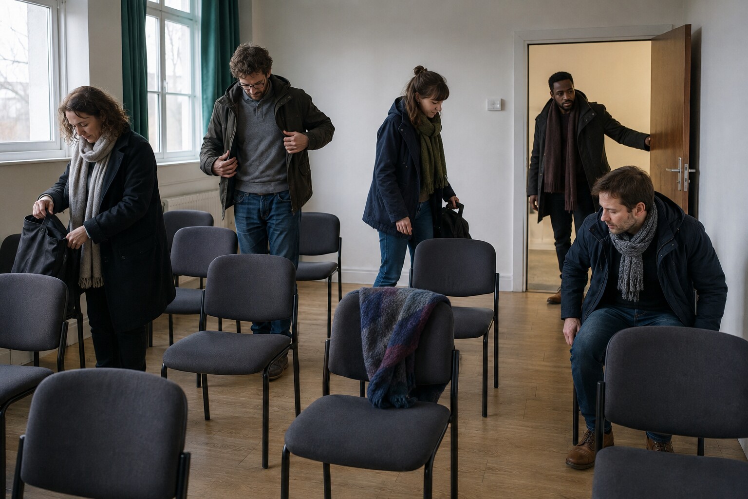 A handful of people arriving at a borrowed room on a cold Saturday, more empty chairs than people