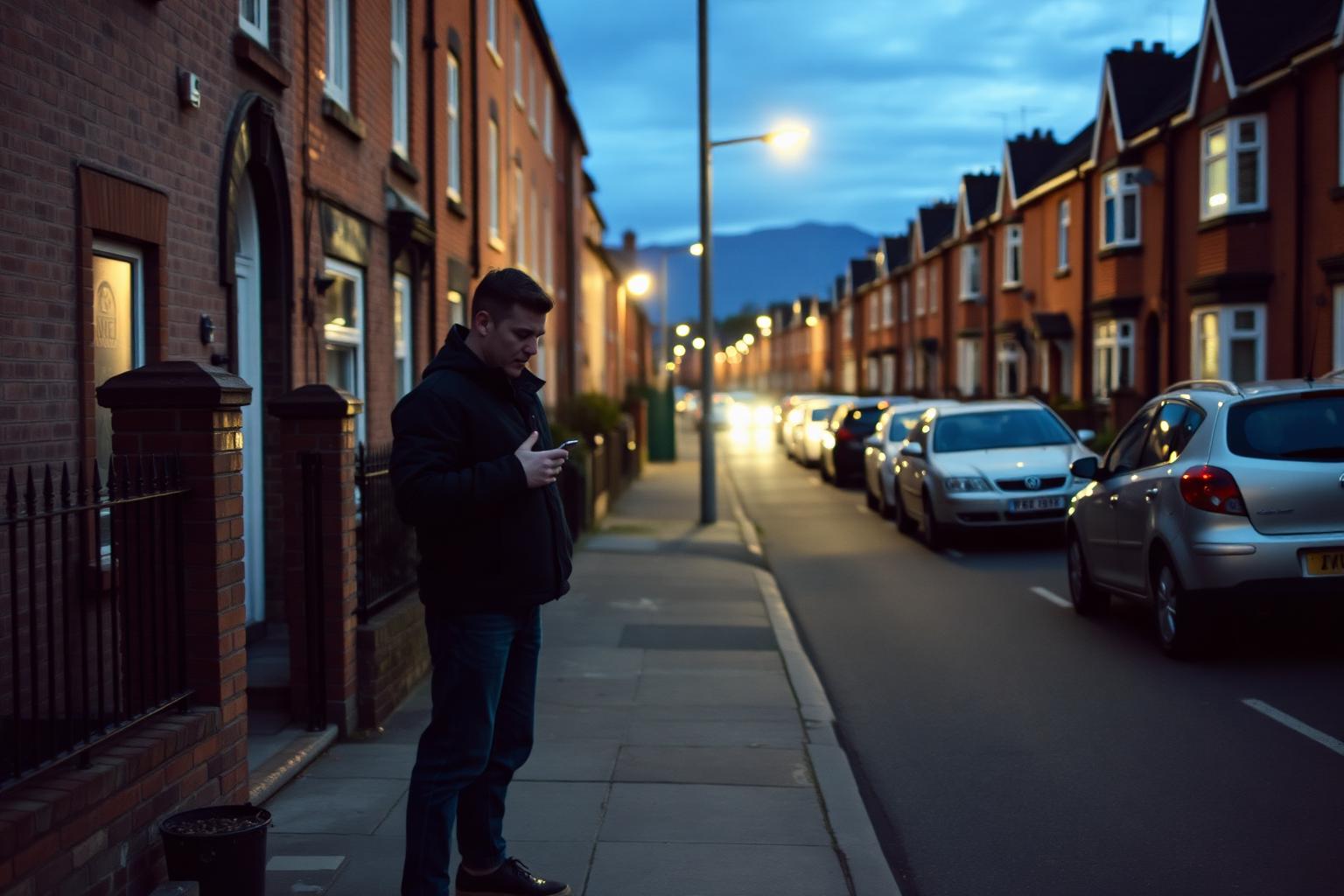 A man stopped on the pavement of a terraced street in the early evening