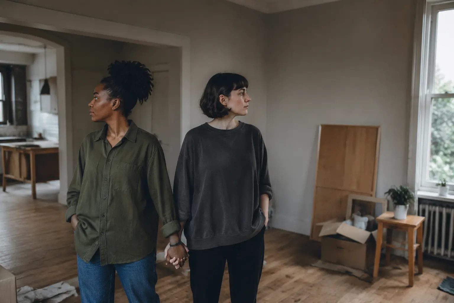 A couple holding hands in a half-furnished room, each looking in a different direction