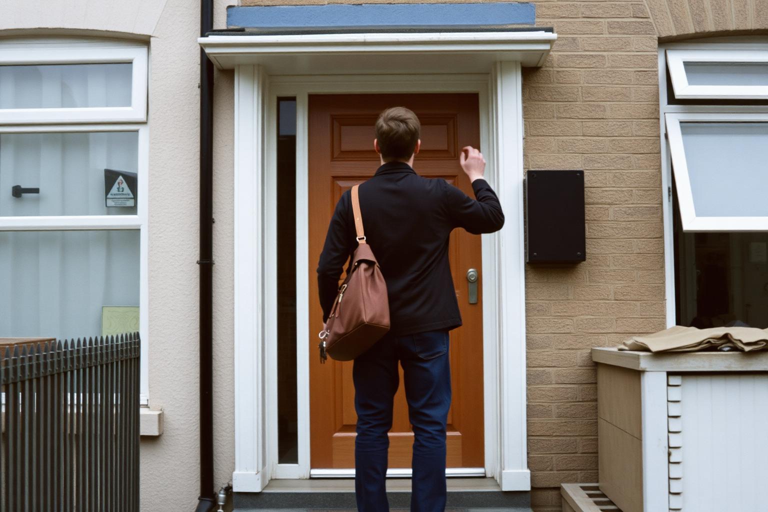 A person in their late twenties paused on a terraced doorstep, keys in hand, hand not yet raised to the door