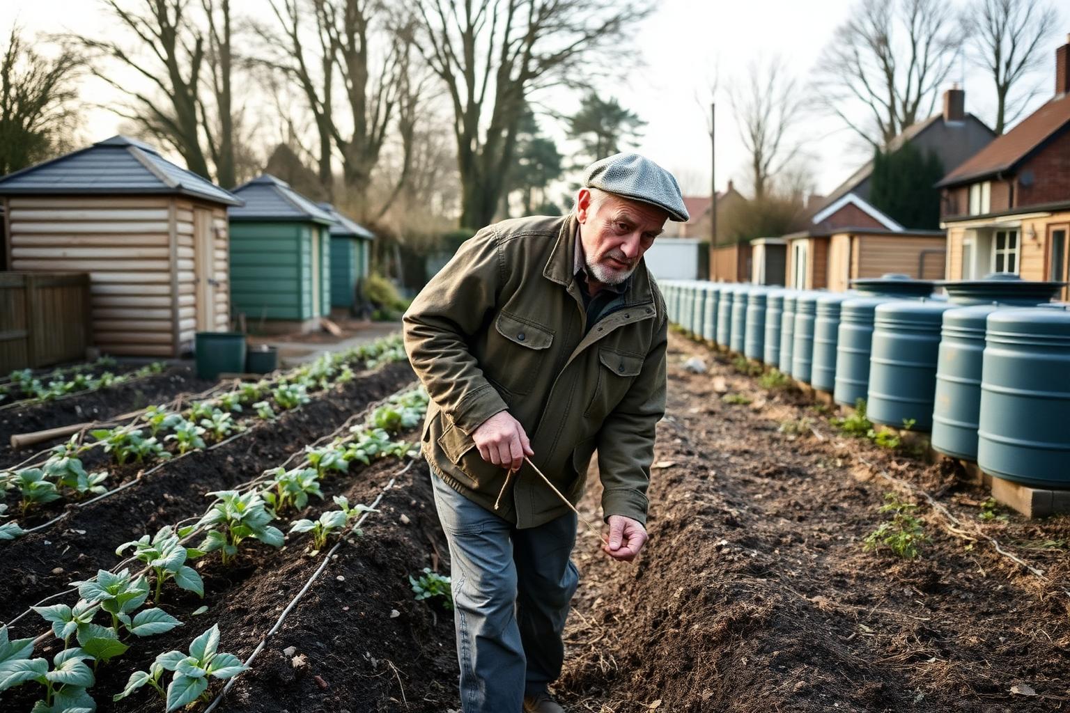 A man in his seventies working an allotment plot in the early morning mist