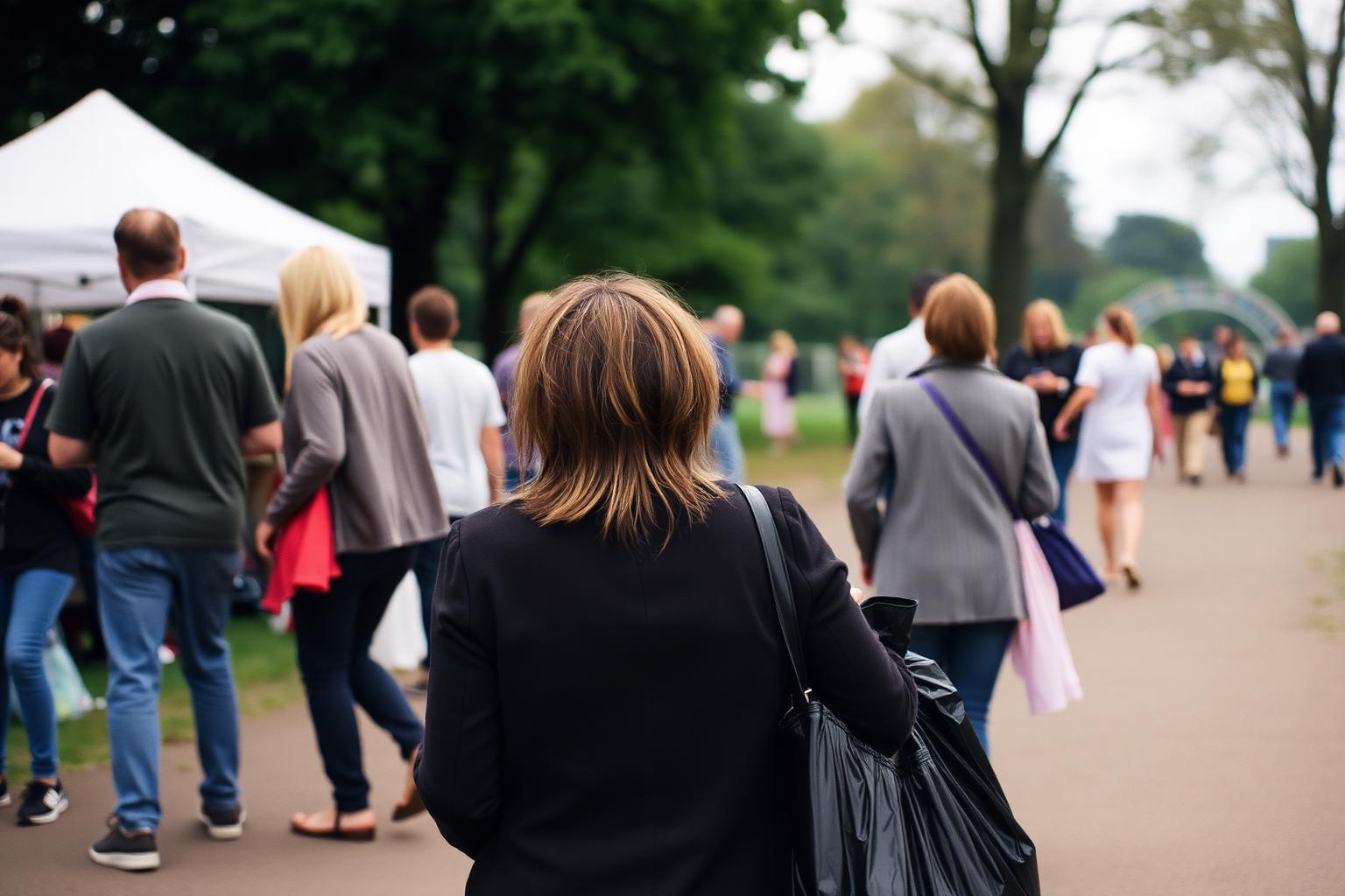 A woman in her late twenties walking back against the crowd with a bin bag at the end of a community event in a park
