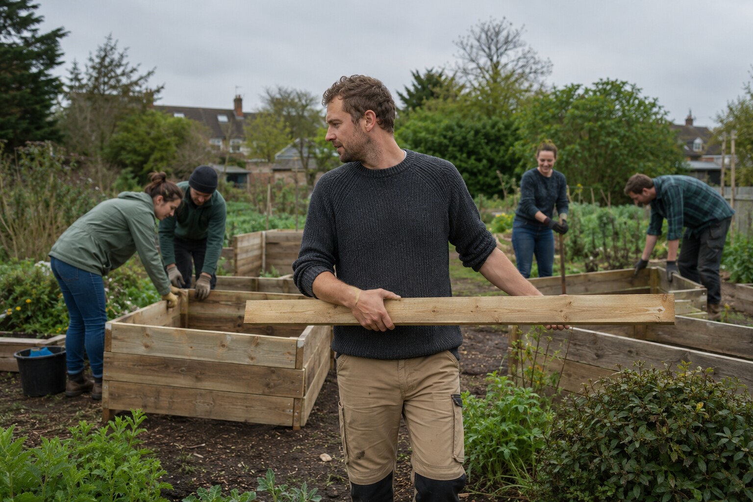 Volunteers of mixed ages building raised beds in a community garden, one man carrying a plank among them