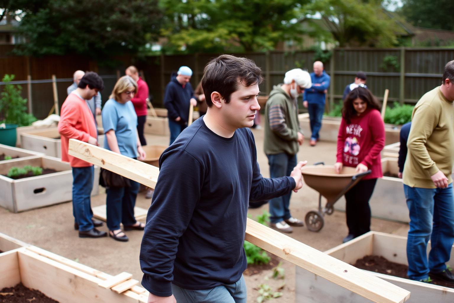 Volunteers of mixed ages building raised beds in a community garden, one man carrying a plank among them