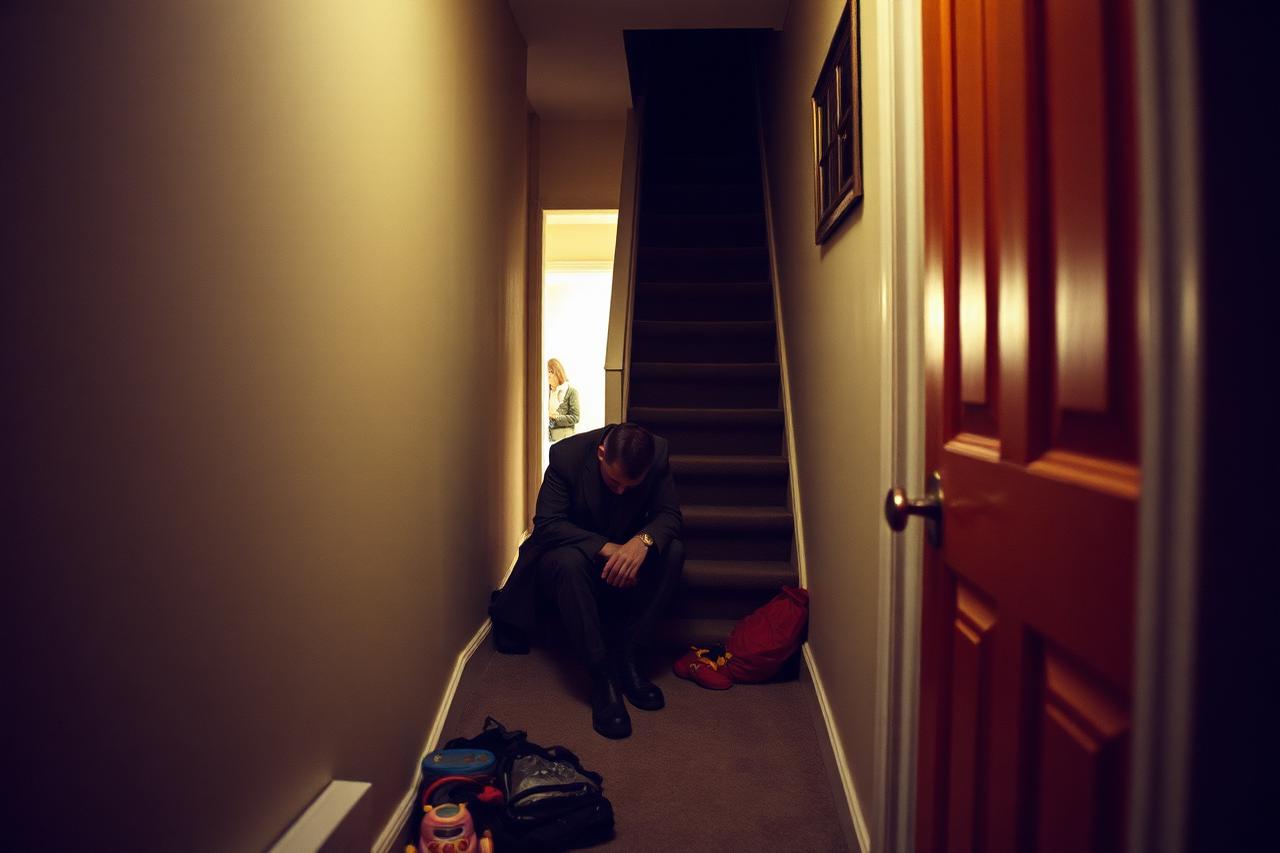 A man sitting on the stairs of a terraced house still in his coat, boots half off, household life carrying on beyond