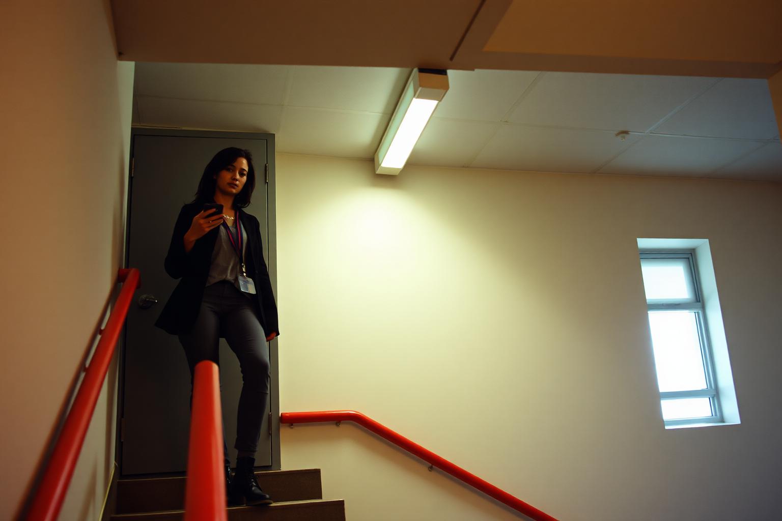 A woman standing on the landing of an office stairwell in the evening