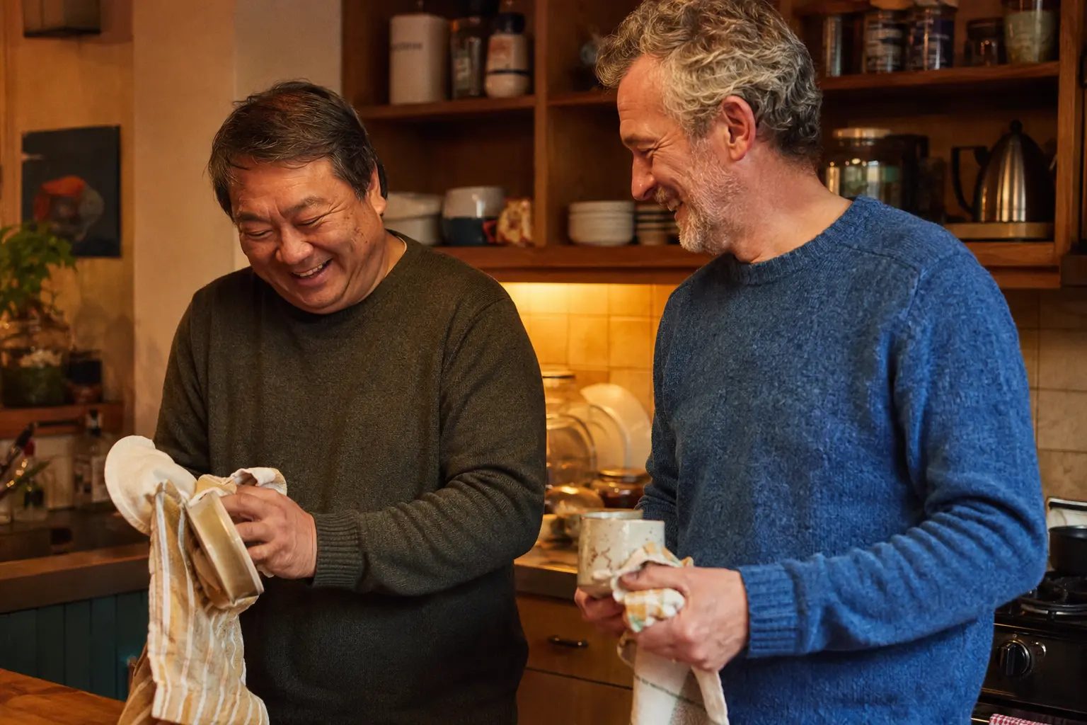Two men drying dishes together in a warm kitchen, easy with each other again