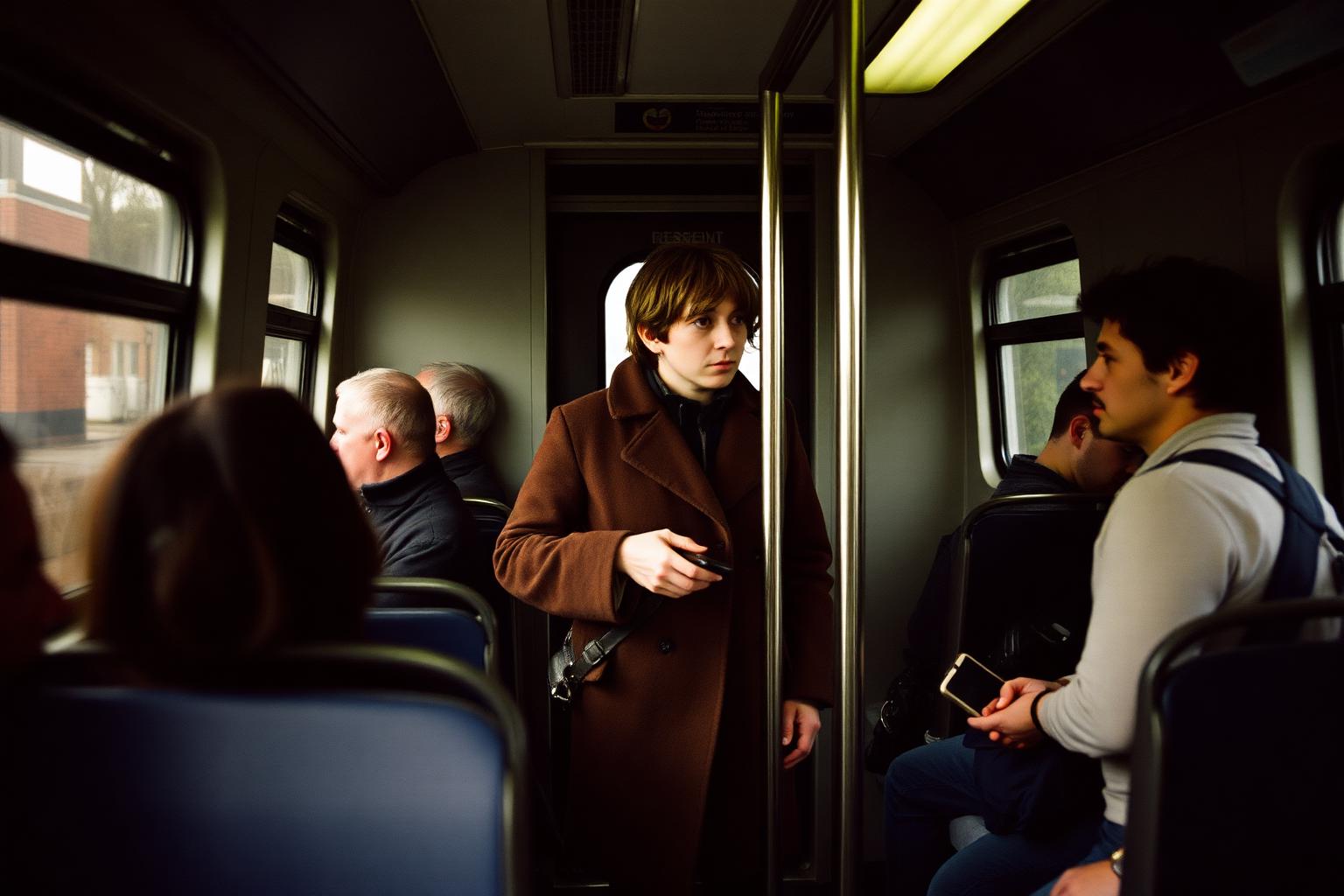 A person in their late twenties standing among passengers on a morning commuter train, looking out of the window