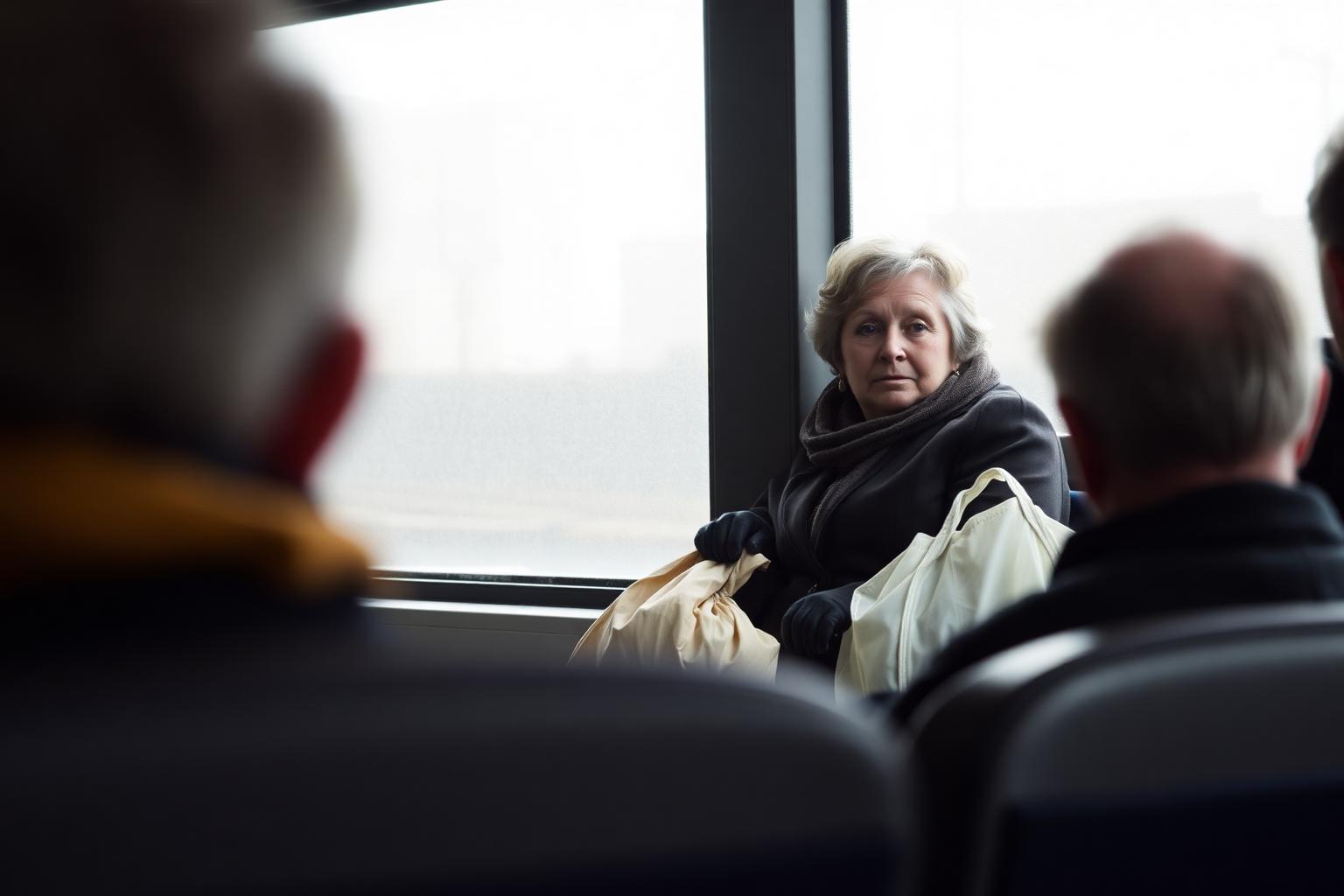A woman on the upper deck of a bus with her shopping, looking out of a misted window