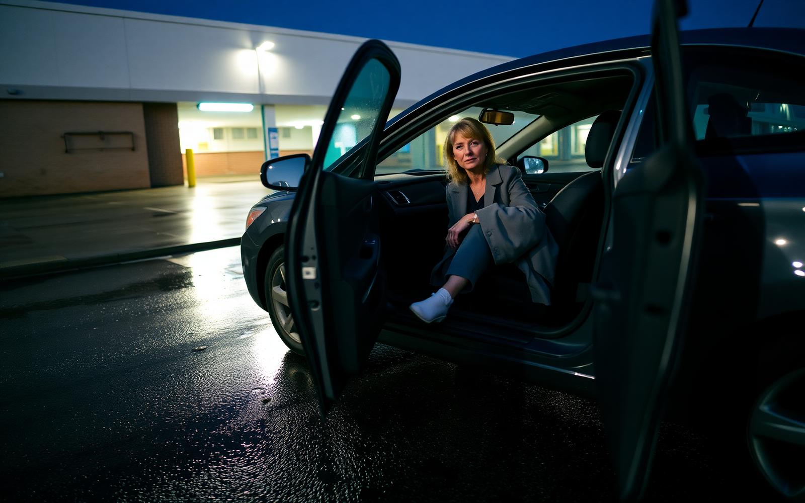 A woman in her early forties sitting in her car with the door open in a hospital car park at dusk