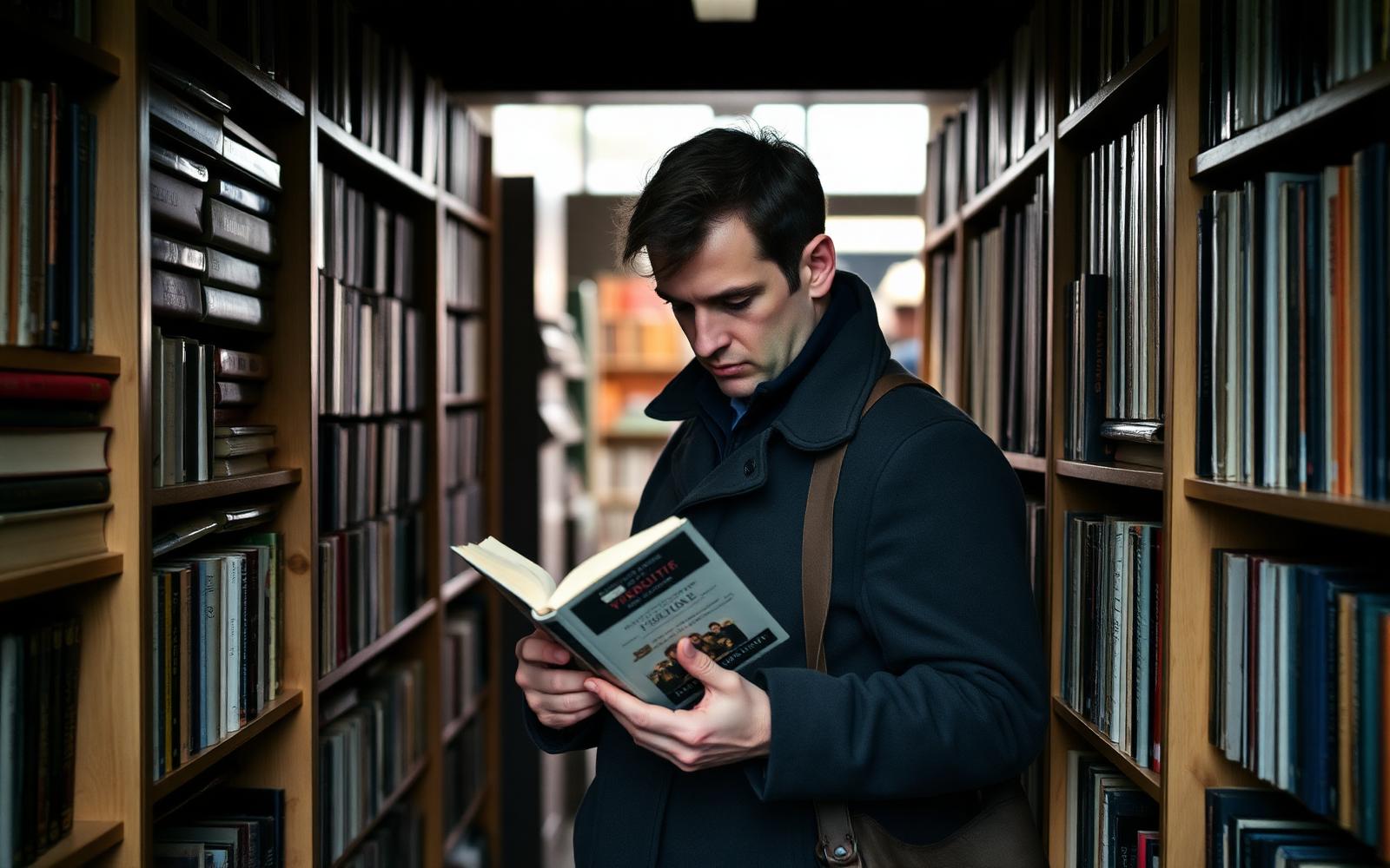 A man in his early thirties reading standing up in a public library aisle, coat still on