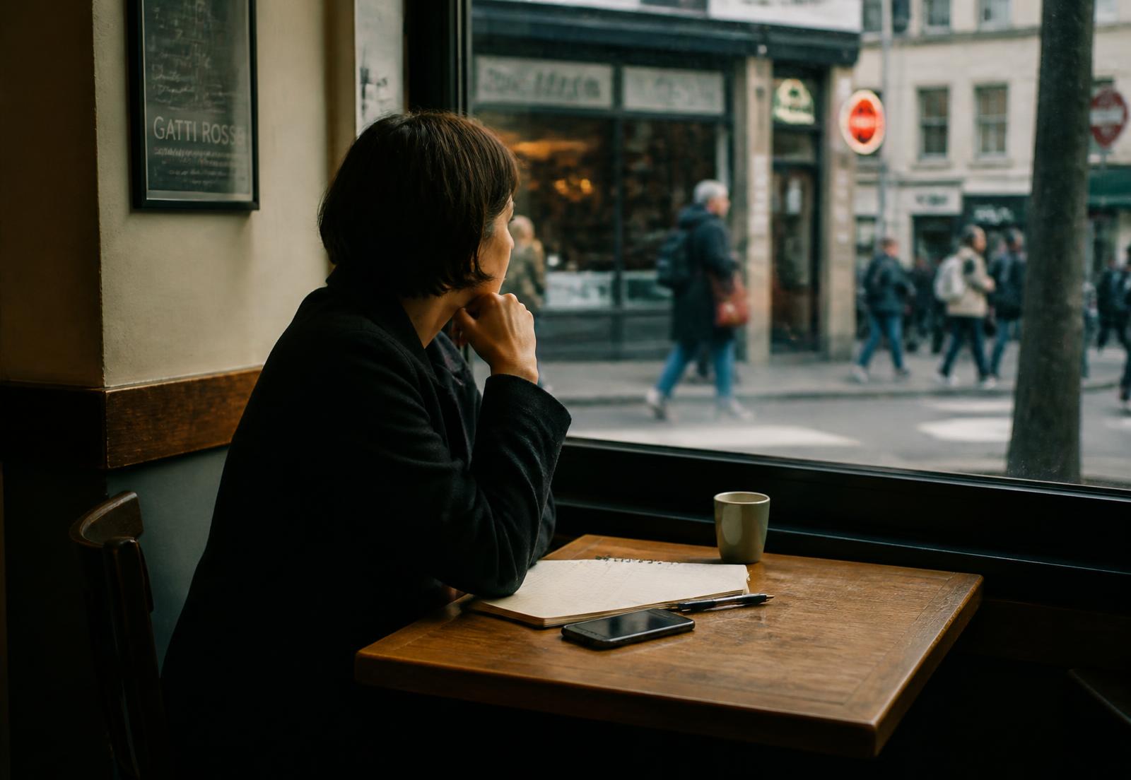 A person sitting alone at a café table by a window in the early evening, notebook untouched, looking out at the street and thinking