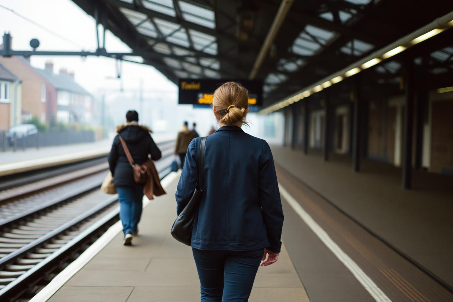 A woman in her late twenties walking decisively along a railway platform on a grey morning