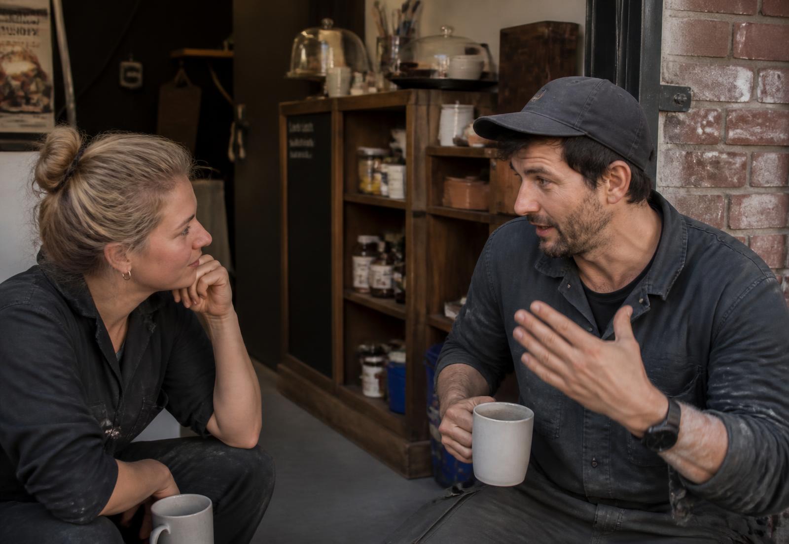 Two people in work clothes talking closely over mugs of tea in a workshop doorway, one listening while the other explains