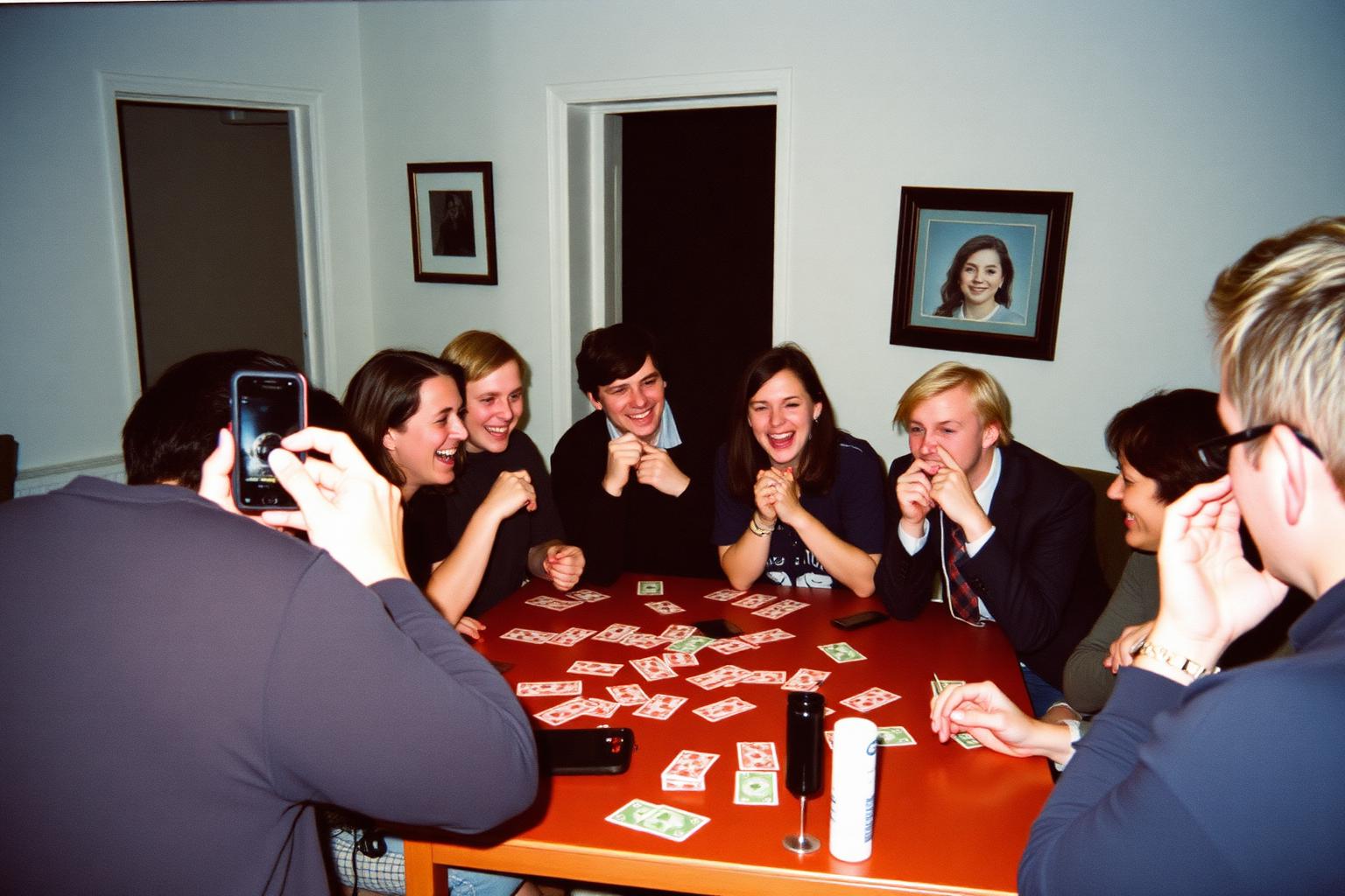 A person in their twenties standing apart at a flat gathering, photographing friends playing cards rather than joining in
