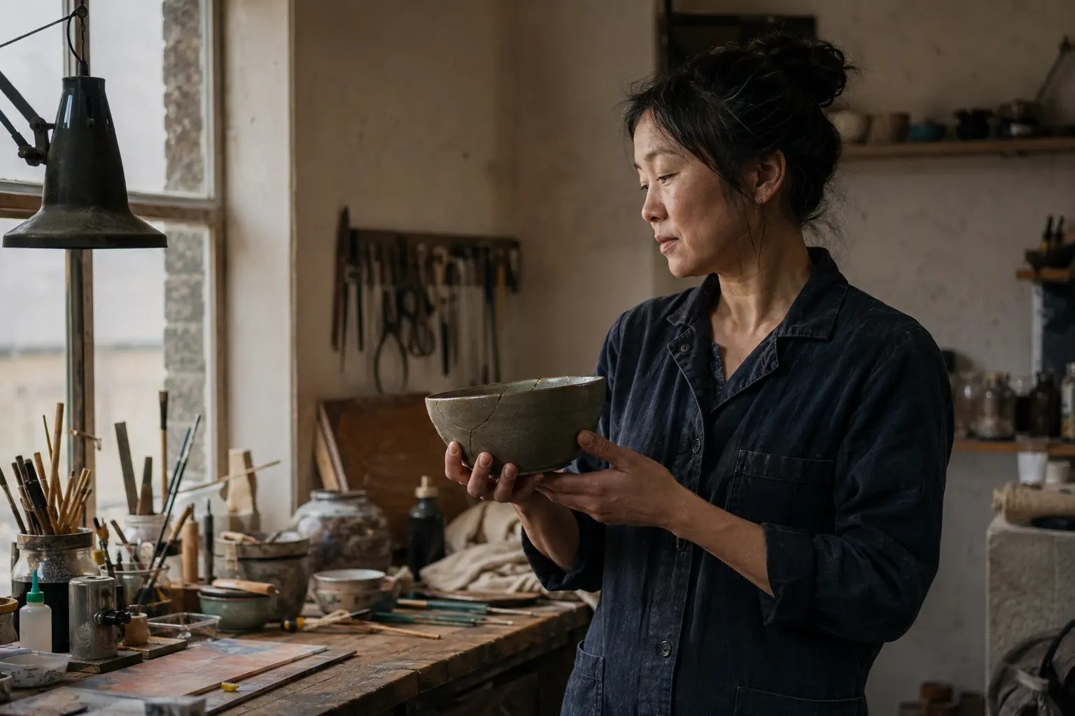 A woman in a workshop holding a repaired ceramic bowl and looking at the join she has made
