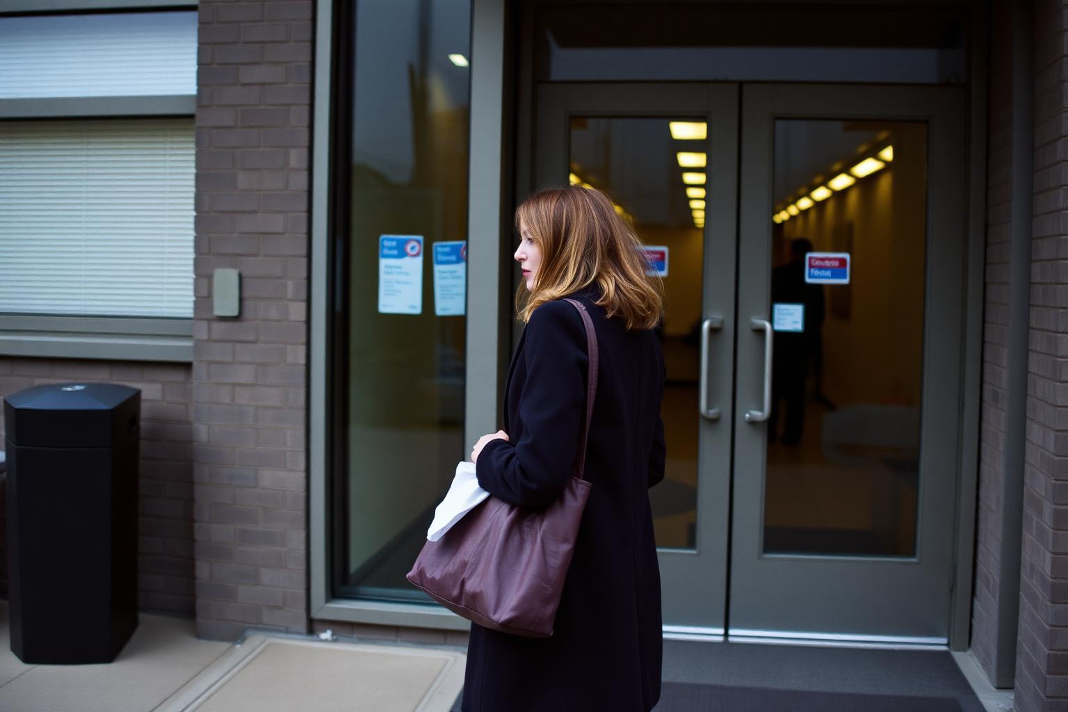 A woman in her late twenties outside the doors of an unfamiliar workplace on a grey morning