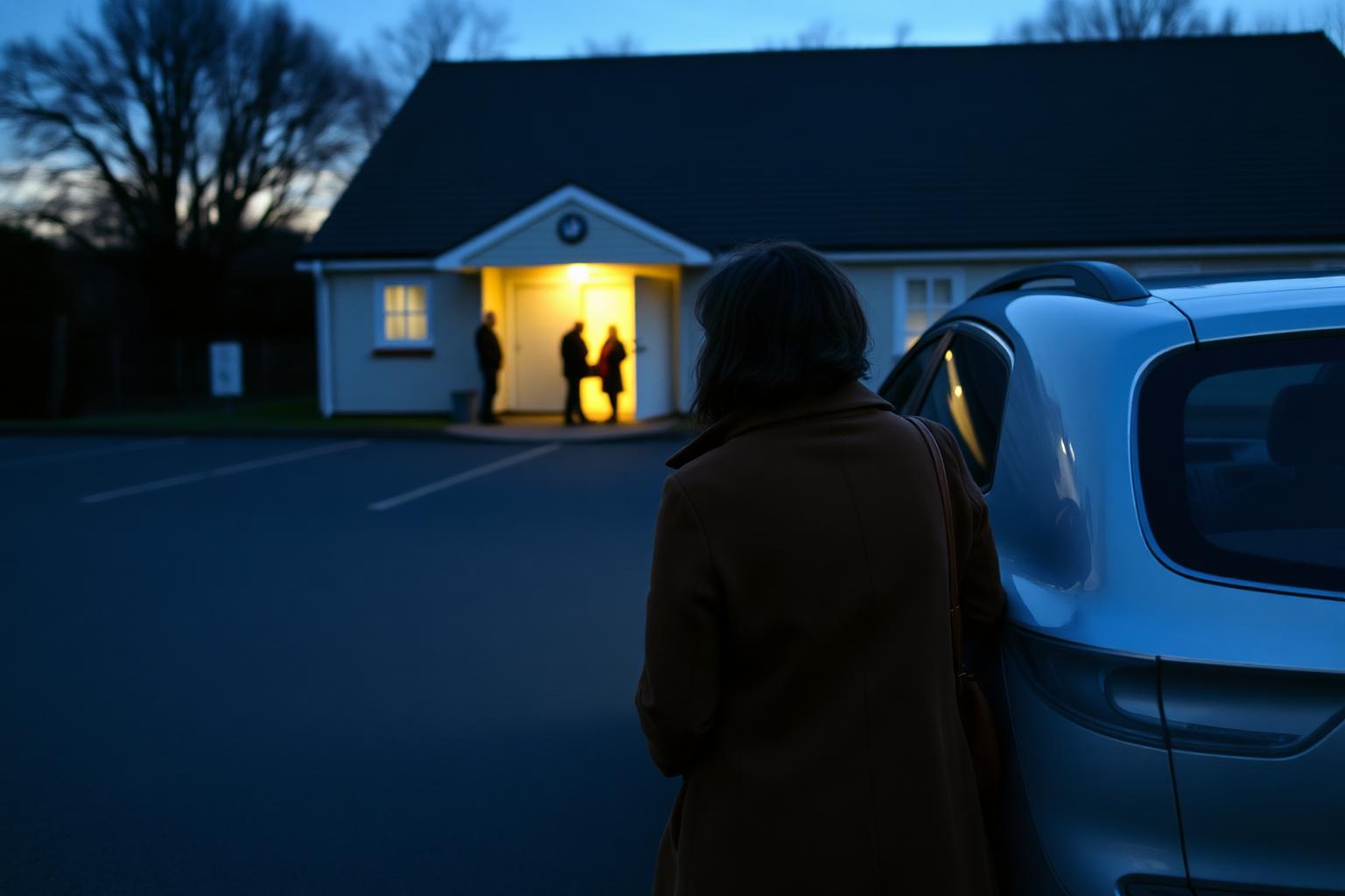 A woman crossing a community hall car park at dusk, a lit doorway behind her