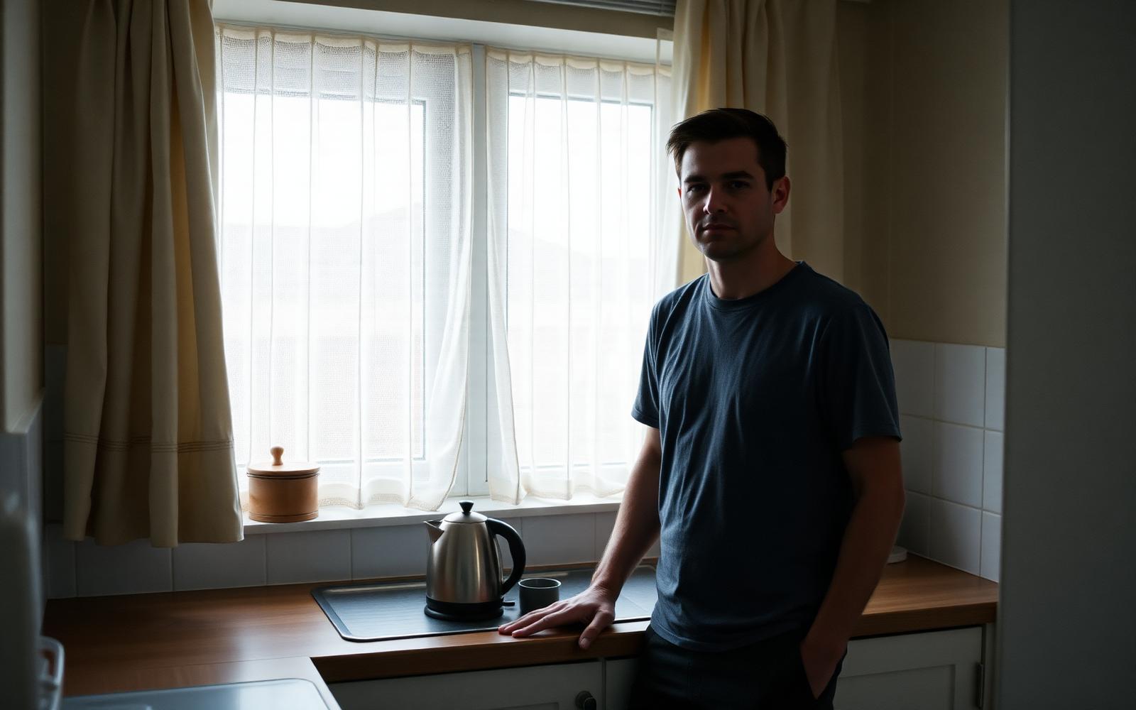 A man in his early thirties awake in a dim kitchen before the household is up, kettle just boiled