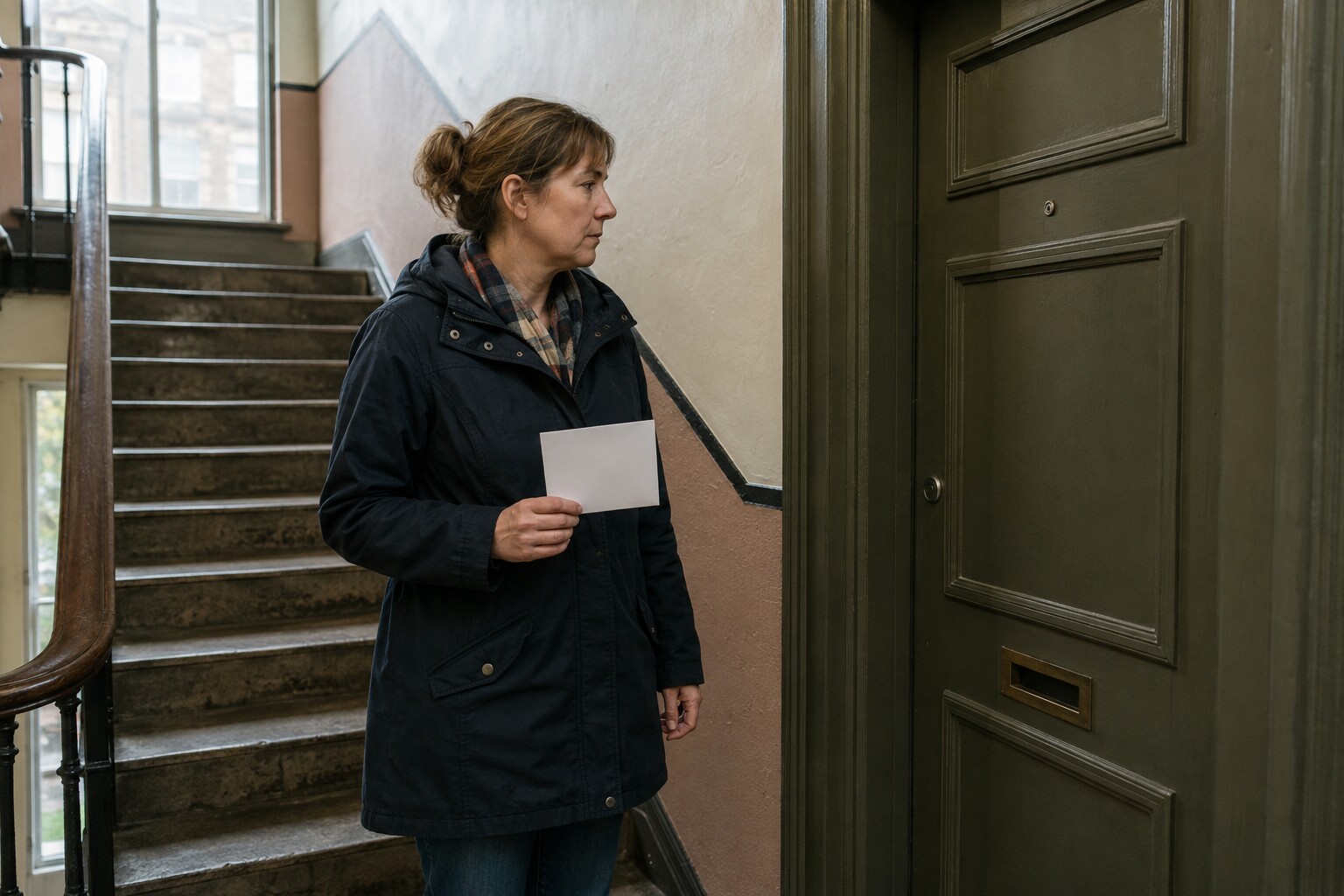 A woman in her forties on a Glasgow tenement stair landing, still in her coat, holding an unopened birthday card