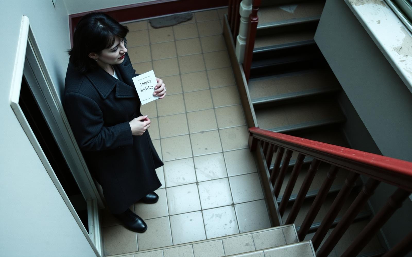 A woman in her forties on a Glasgow tenement stair landing, still in her coat, holding an unopened birthday card