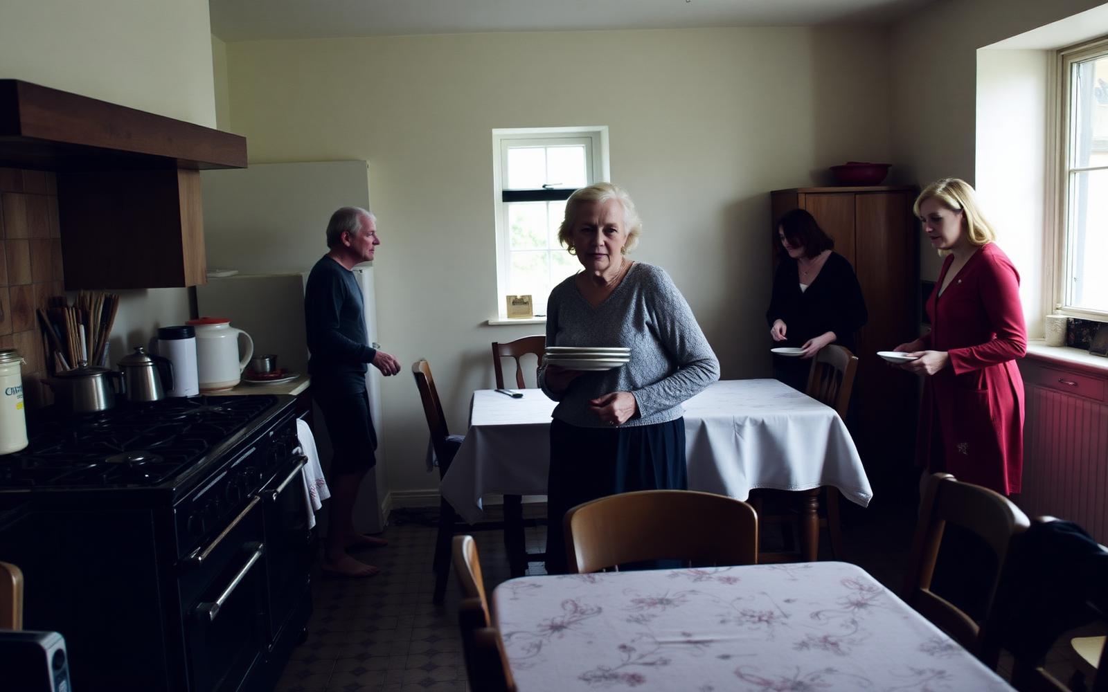 A woman in her sixties at the range in a Northern Irish farmhouse kitchen while grown children carry plates behind her