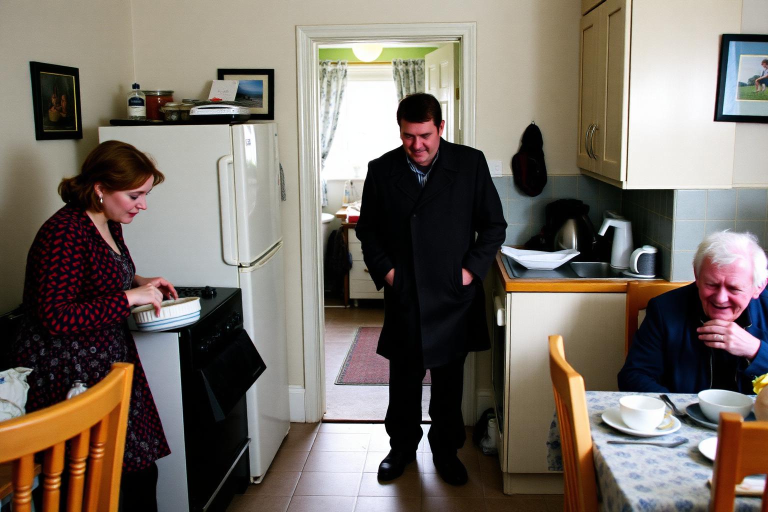 A man in his late thirties pausing in the doorway of a Northern Irish family kitchen while his sister handles the washing up