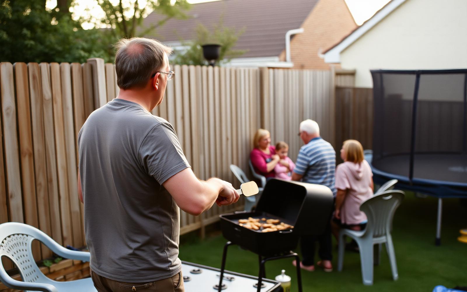 A man in his forties at a barbecue in an English suburban back garden, turned away toward relatives at a folding table
