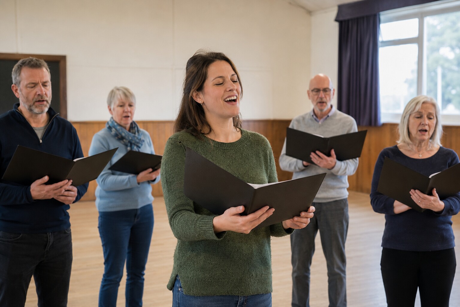 Singers mid rehearsal in a community hall, one woman in her early thirties fully absorbed