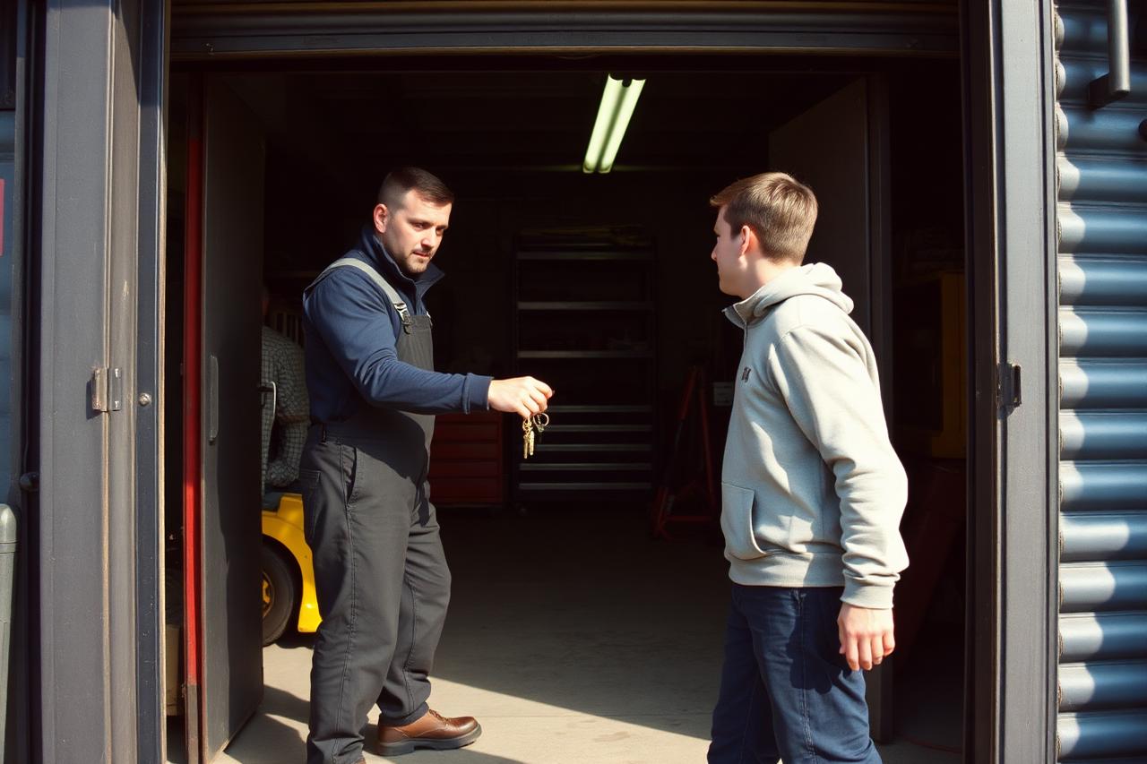 A man in overalls handing workshop keys to a younger person at an open roller door, already turning to leave