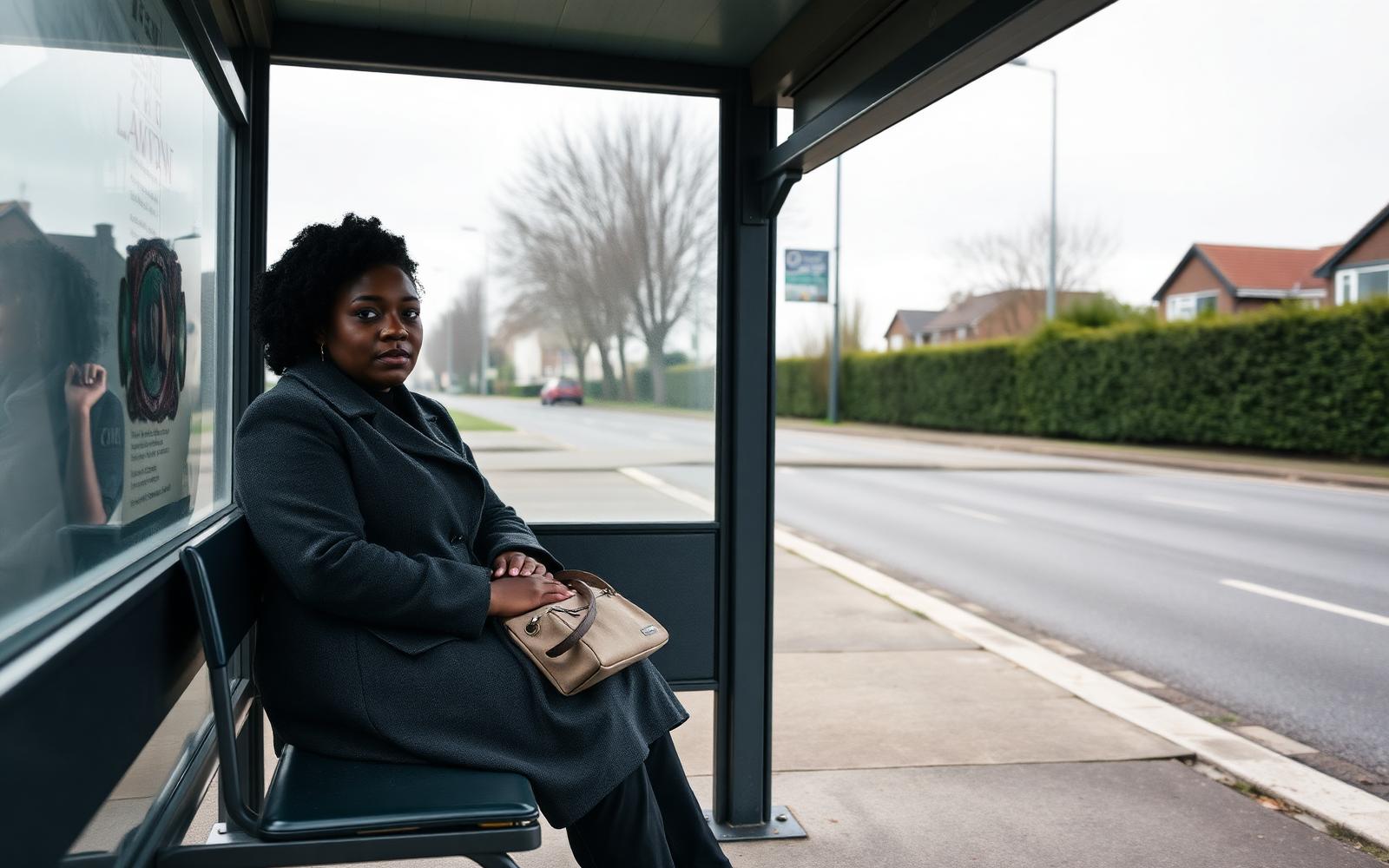 A Black woman in her early thirties sitting alone in a suburban bus shelter, bag on her lap