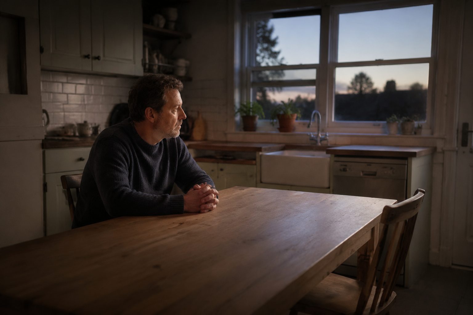 A man sitting alone at a kitchen table before dawn, hands folded, looking towards the window