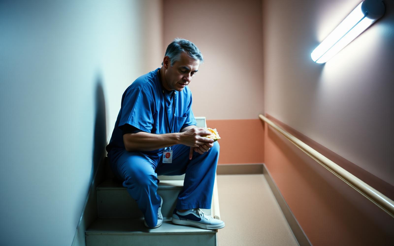 A man in his forties in hospital scrubs eating a sandwich on a stairwell step during a night shift