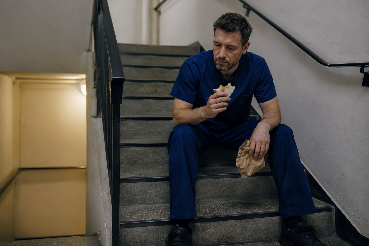 A man in his forties in hospital scrubs eating a sandwich on a stairwell step during a night shift