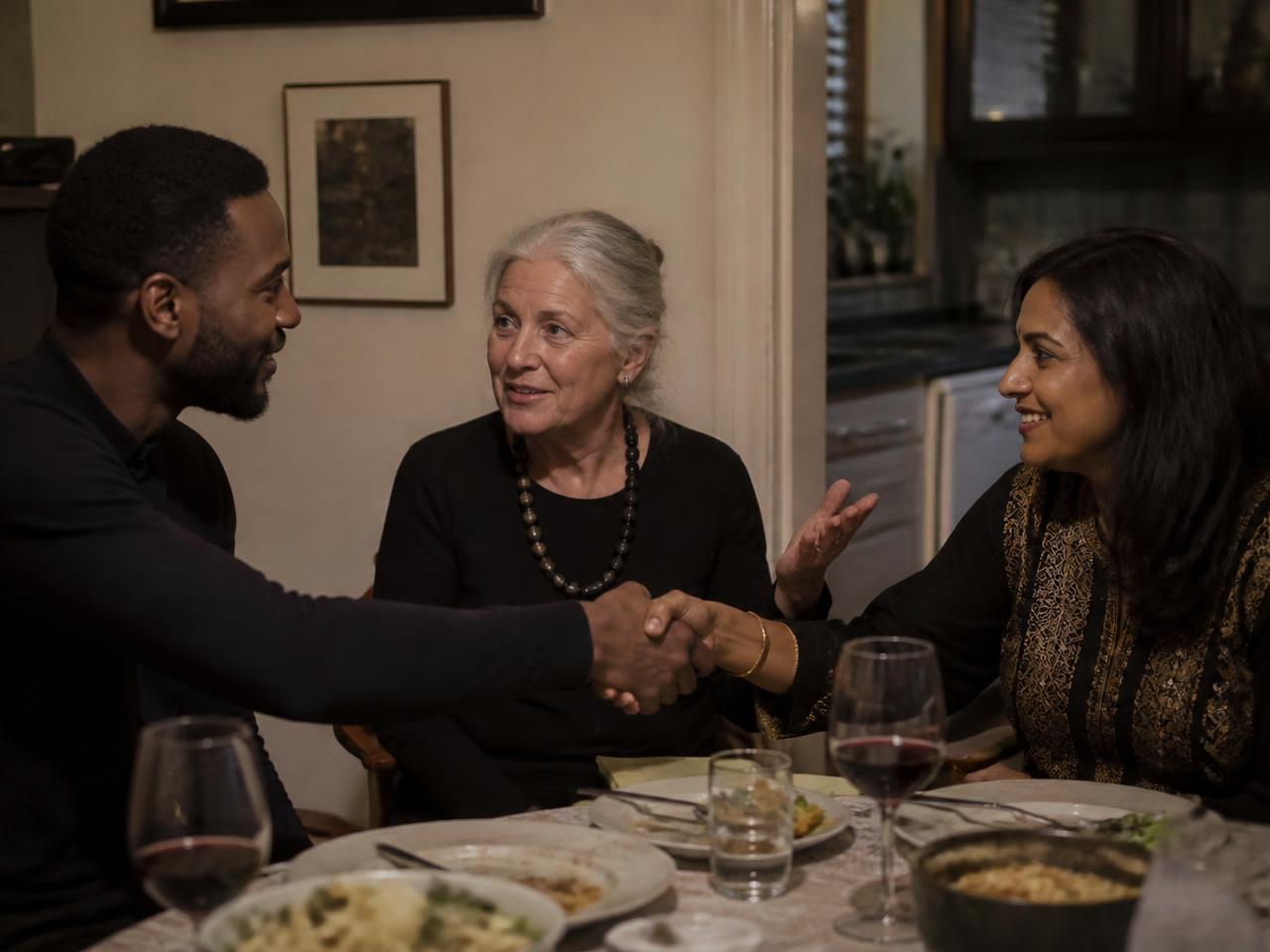Three people at a home dinner, one introducing two others who are shaking hands