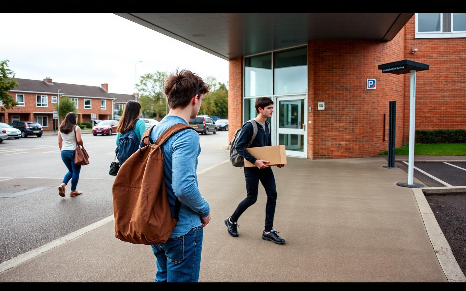 A young man in his early twenties by a college noticeboard on the last week of term, bag over one shoulder